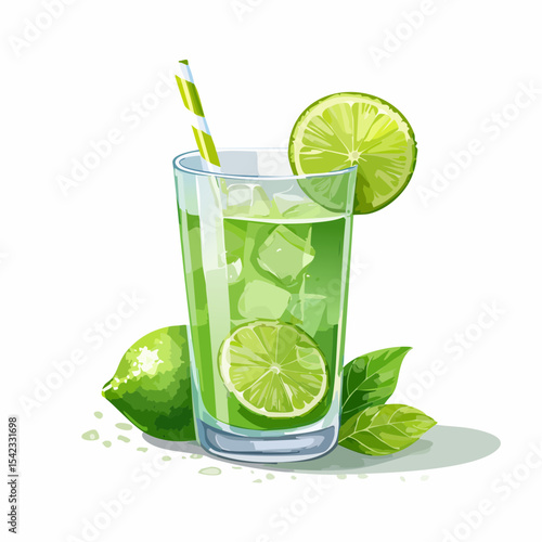 Refreshing Lime Drink with Ice and Mint in Glass