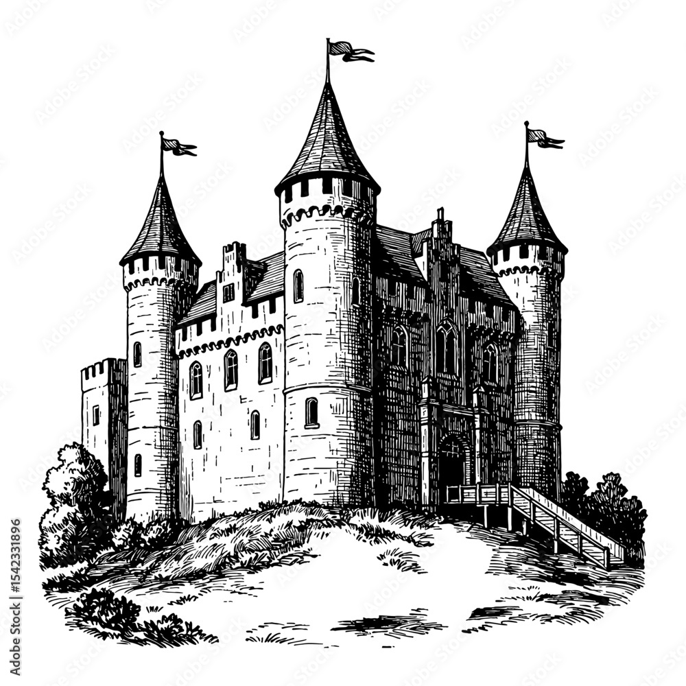 Obraz premium A Medieval Castle Grand Architecture Black and White Outline Line Art Drawing with Towers and Flags