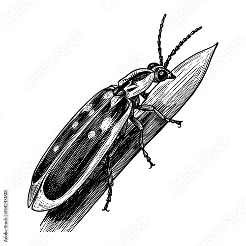 Detailed Firefly Insect on Leaf with Antennae and Spots Black and White Outline Line Art Drawing
