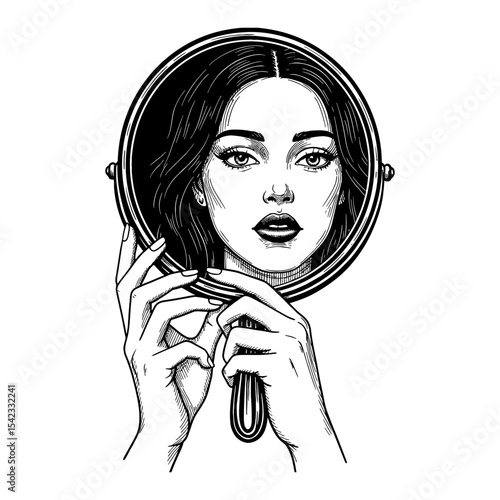 Beautiful Woman's Face Reflected in Round Mirror Held by Female Hand Black and White Outline Line Art Drawing