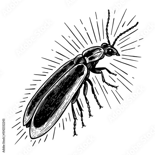 Detailed Firefly with Glowing Sun Ray Effect Black and White Outline Line Art Drawing Vintage Illustration