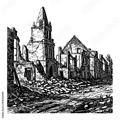 Destroyed City Ruins After War with Church and Buildings in Black and White Outline Line Art Drawing