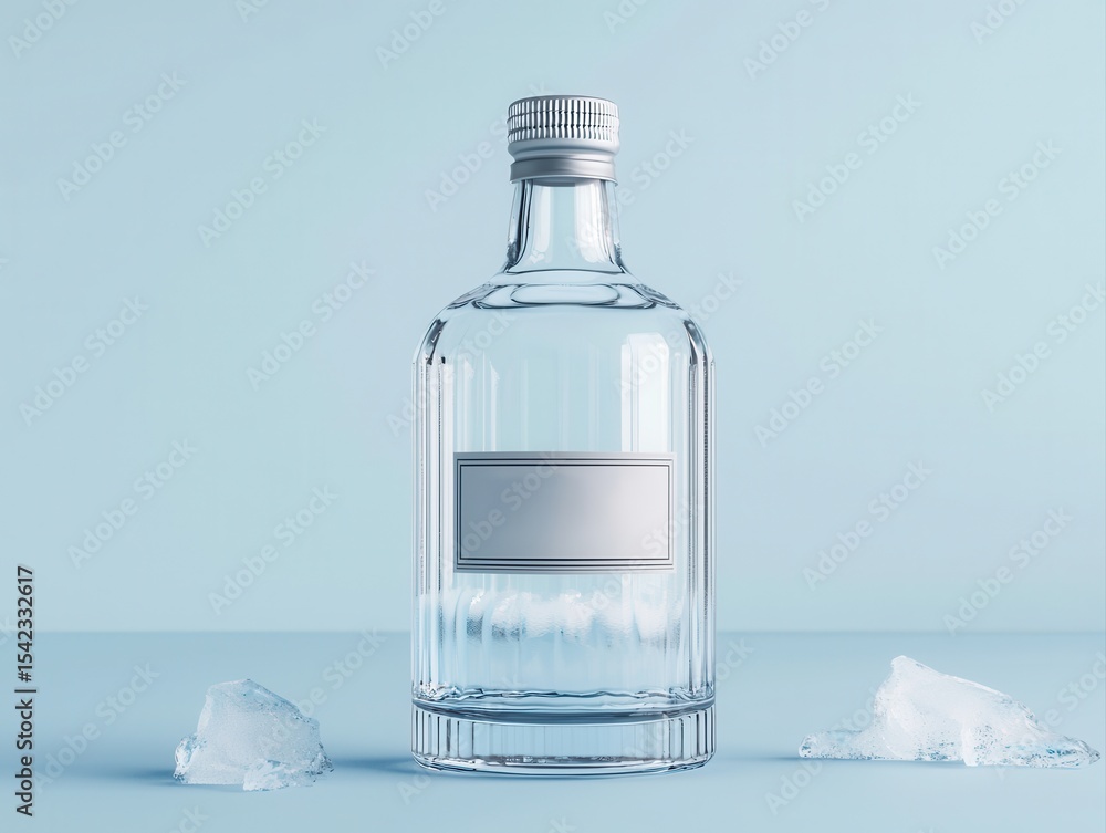 Obraz premium A clear glass bottle with a silver cap and blank label stands between two melting ice cubes on a pale blue surface.