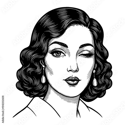 Vintage Beautiful Flirty Winking Lady Headshot Portrait Black and White Outline Line Art Drawing
