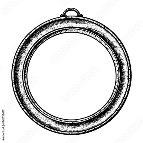 Detailed Blank Round Mirror or Picture Frame Object with Hanger Black and White Outline Line Art Drawing Vintage Style