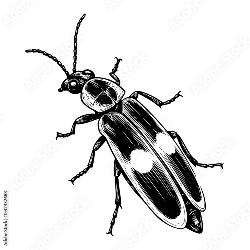 Firefly with Glowing Spots on Abdomen Black and White Outline Line Art Drawing Vintage Engraving Style