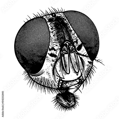 Detailed Macro Close Up Shot of a Fly Head with Compound Eye Black and White Outline Line Art Drawing