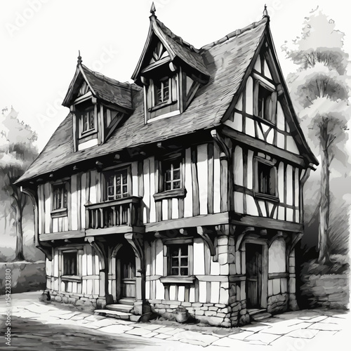 old medieval timber frame house pencil sketch vector illustration