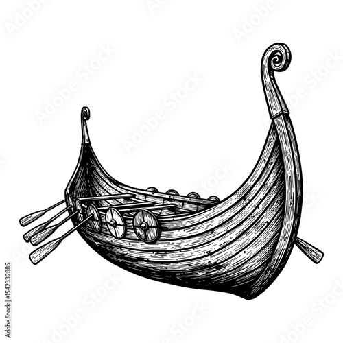 Empty Viking Ship Side View Historical Vessel Black and White Outline Line Art Drawing Ancient Boat