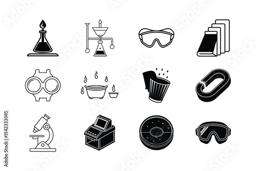 Cat Illustration Scientific Laboratory Equipment Set with Beakers Flasks and Test Tubes