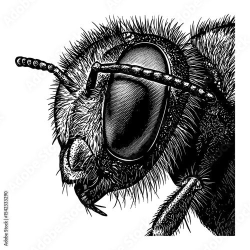 Detailed Eye of Bee Close Up Shot Black and White Outline Line Art Drawing of an Insect Head