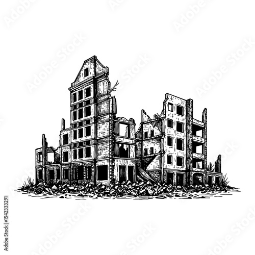 Vector Illustration of Destroyed Modern City Buildings Ruins After War Black and White Outline Line Art Drawing