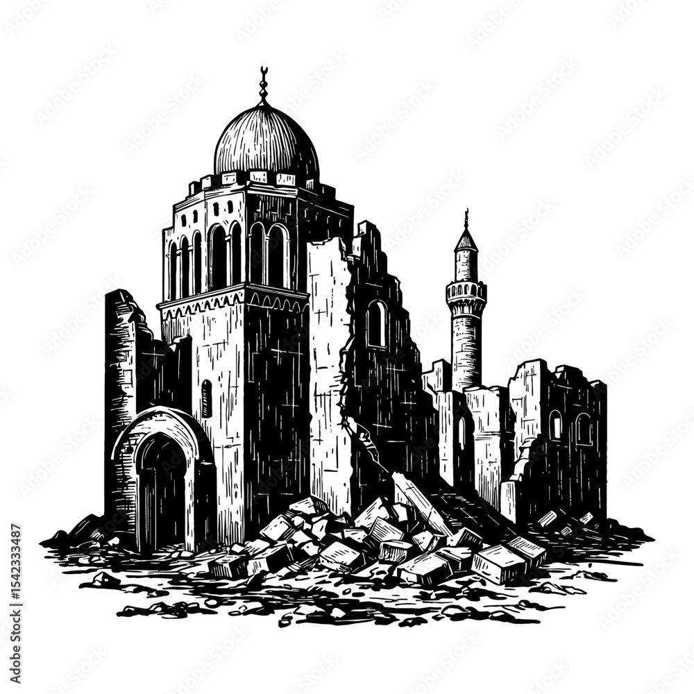 Fototapeta premium Historic Destroyed Arabic City Building Ruins After War Black and White Outline Line Art Drawing