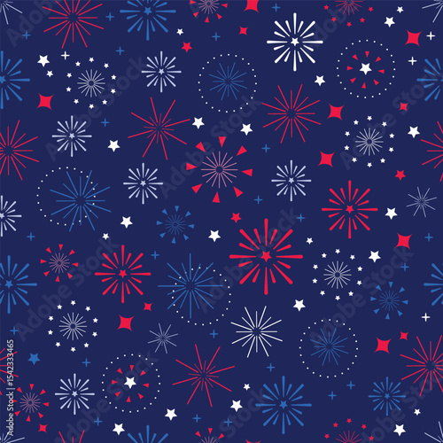 4th of July , USA Independence Day  seamless pattern with red, blue and white fireworks. Festival background. New Year, holidays concept. 