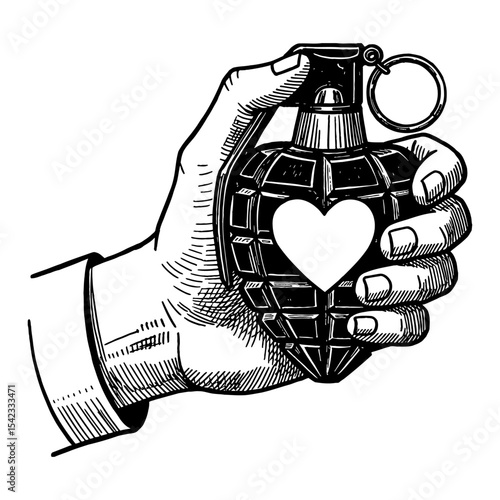 A hand holding a heart or love shaped grenade in Black and White Outline Line Art Drawing