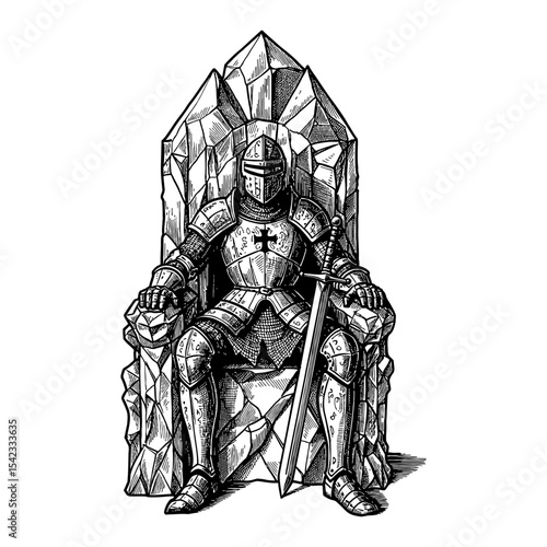 Medieval Knight Sitting on Crystal Throne with Sword Black and White Outline Line Art Drawing