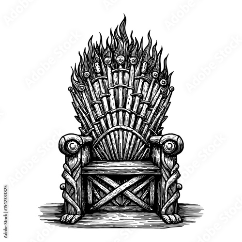 Empty Fire Throne Black and White Outline Line Art Drawing of a Powerful Fantasy Royal Seat