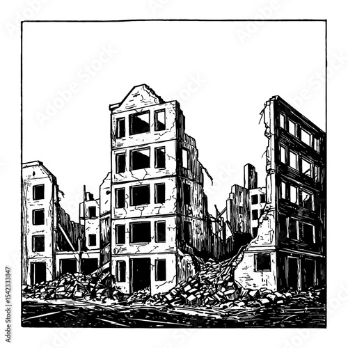 Destroyed Modern City Ruins After War Black and White Outline Line Art Drawing Vector Illustration