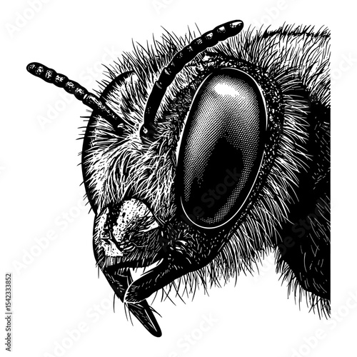 Detailed Close Up Shot of a Bee Head and Eye in Black and White Outline Line Art Drawing Engraving Style