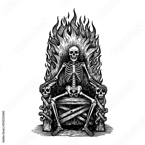 Skeleton Sitting on a Fiery Throne Black and White Outline Line Art Drawing Vintage Etching