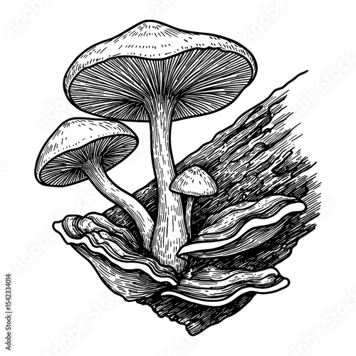 Tree Fungi Mushrooms Growing on Wood Log Black and White Outline Line Art Drawing Engraving Style