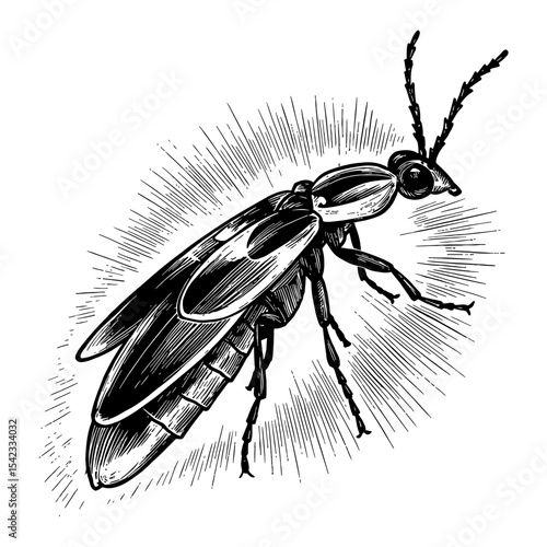 Glowing Firefly Insect with Radiating Lines in Vintage Black and White Outline Line Art Drawing Illustration