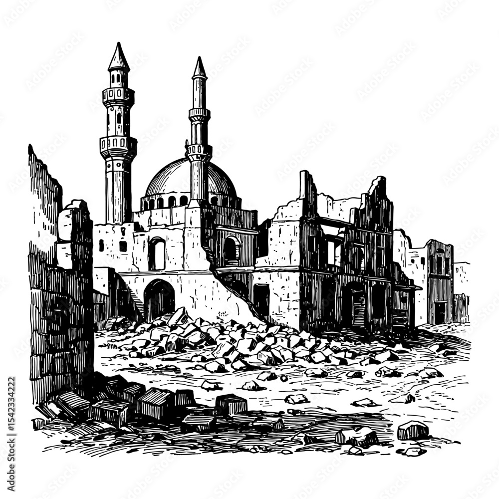 Naklejka premium Destroyed Middle East City Ruins After War with Mosque and Minarets Black and White Outline Line Art Drawing