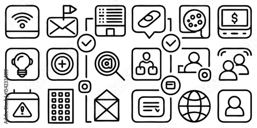 Collection of black and white hand-drawn icons representing various digital concepts
