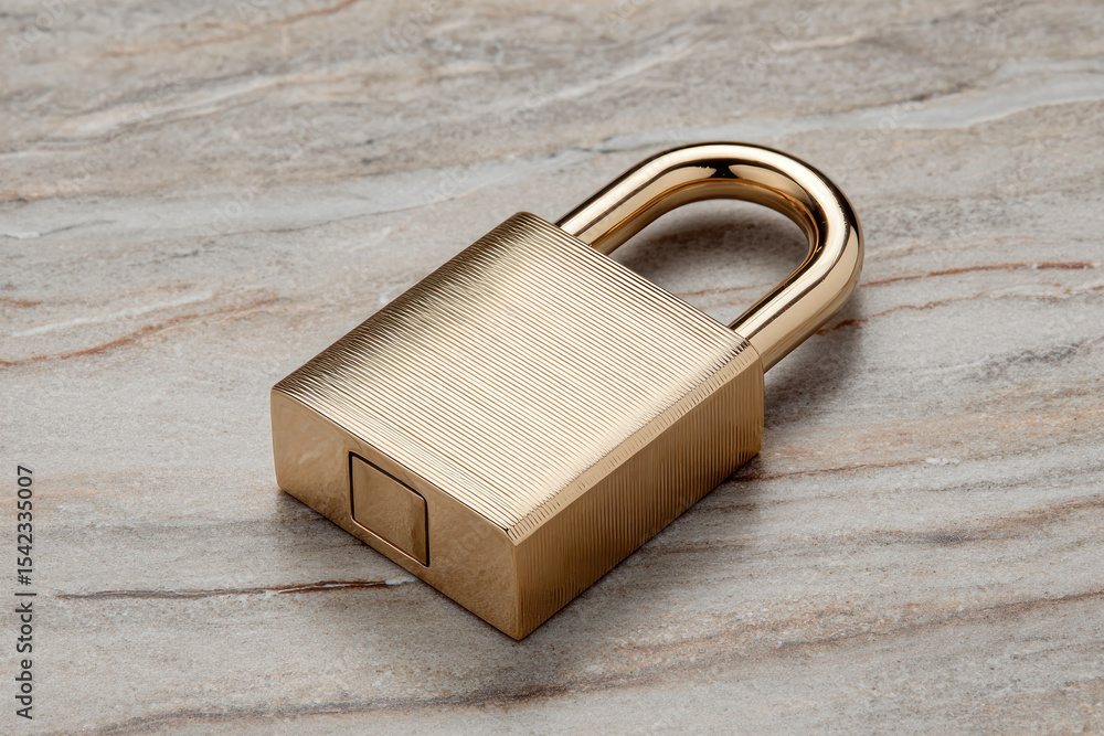 Fototapeta premium Brass padlock sits on smooth marble, emphasizing security and trust in a contemporary setting