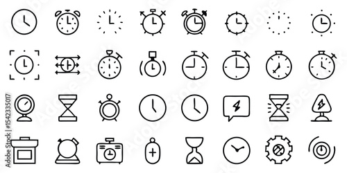 Collection of diverse hand drawn time clocks and timer icons with transparent background