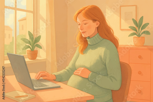 Pregnant woman working on her laptop in a cozy, sunlit home office, enjoying a serene and productive moment, Family at Home icon set