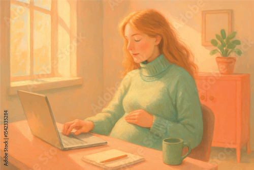 Serene expectant woman typing on laptop in a warm, inviting workspace with a cup and notepad, preparing for work during pregnancy, Family at Home icon set