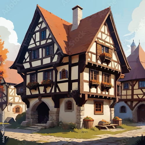 medieval timber frame house vector illustration