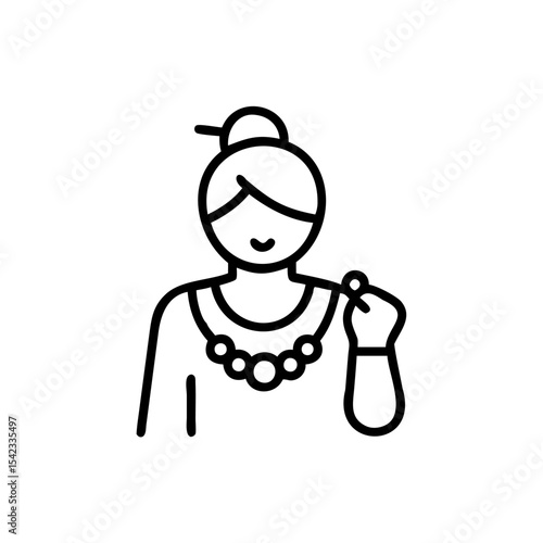 Woman with Updo Hairstyle Adjusting a Beaded Necklace Simple Line Art Illustration