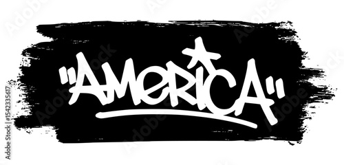 Graffiti tag “America” in white with black paint splatter. Perfect for edgy street art designs, 4th of July visuals, posters, and apparel graphics.