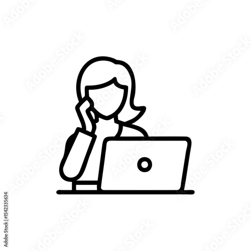 Woman using laptop computer and phone black line art illustration simple design Handmade indian