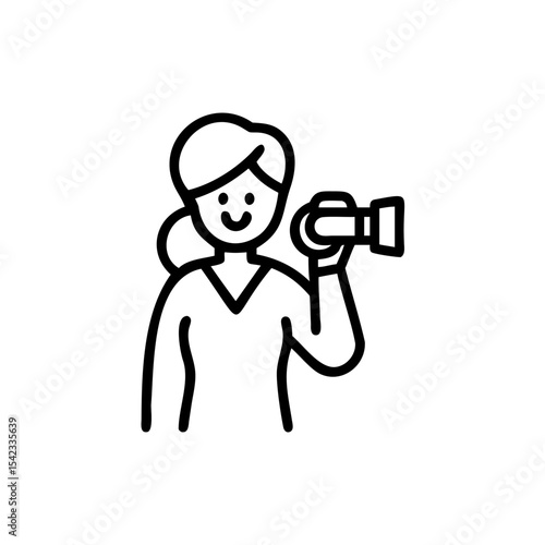 Happy Young Woman Holding a Video Camera Smiling Outline Illustration Handmade Indian Style