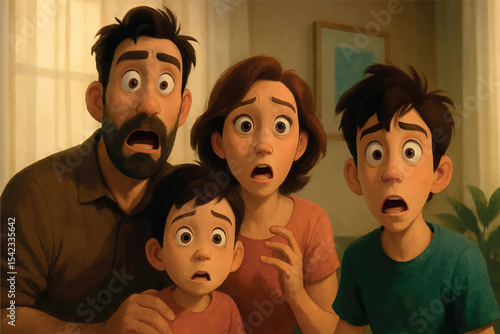 Shocked family of four with wide eyes, expressing astonishment together, with parents and children reacting to something unexpected, Family at Home icon set