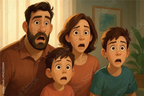Family showing disbelief and surprise, with parents and kids frozen in shock, capturing a dramatic family moment of astonishment, Family at Home icon set
