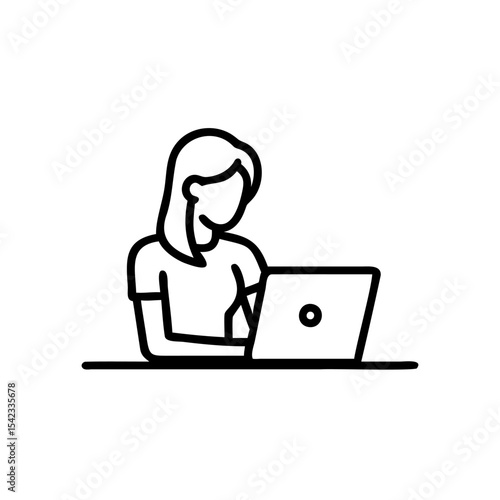 Woman using laptop computer simple line art illustration young female working on notebook technology digital