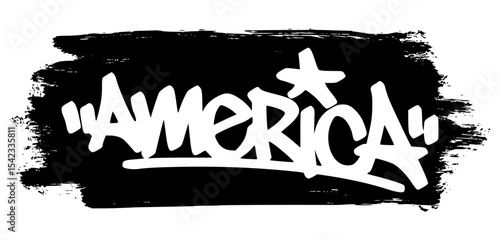Urban-style graffiti tag “America” in white over black splatter. A perfect mix of patriotism and street culture for July 4th and Independence Day graphics.