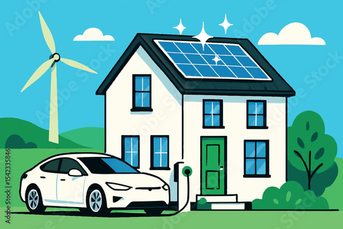 Eco friendly modern home with solar panels, electric car charging station, and wind turbine, showcasing sustainable living and green technology, Family at Home icon set
