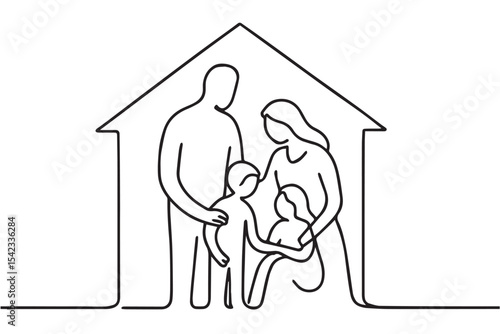Family home symbol with mother, father, child, and baby embracing each other in simple line art style, house outline, family at home icon set