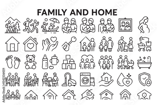 family activities, home life, childcare, and family bonding, including home, care, and love symbols
