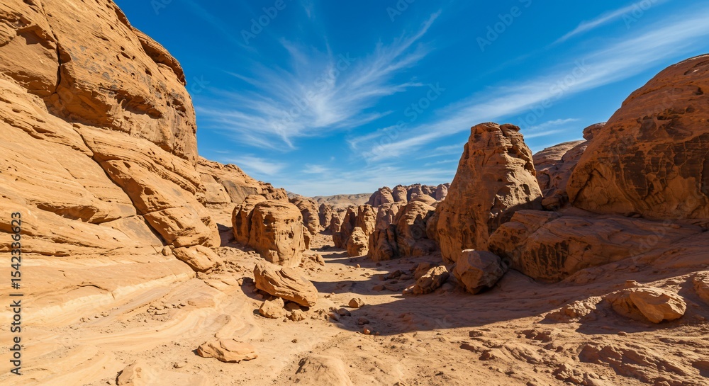Fototapeta premium Red Rock Canyon Panorama: Majestic red sandstone formations rise against a vibrant blue sky, showcasing the stark beauty of a desert landscape. The image captures the raw.