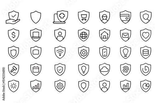 Collection of protection related minimalist icons, including shields, devices, security measures, and privacy symbols for business, technology, and safety