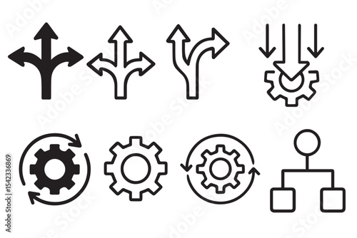 process icons depicting decision making, workflow, direction changes, and system settings with gears, arrows, and flowchart elements