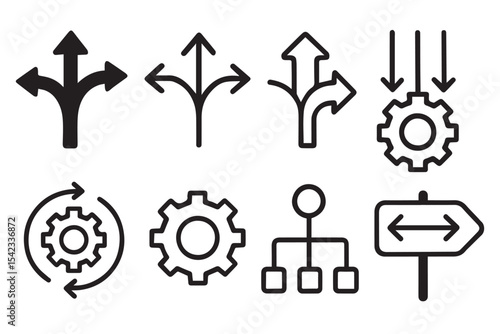 Collection of process oriented icons showcasing arrows, gears, decision points, and organizational structures for business, technology, and workflow