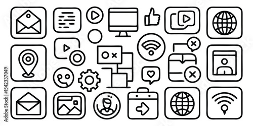 Collection of simple hand drawn communication and technology icons in square frames