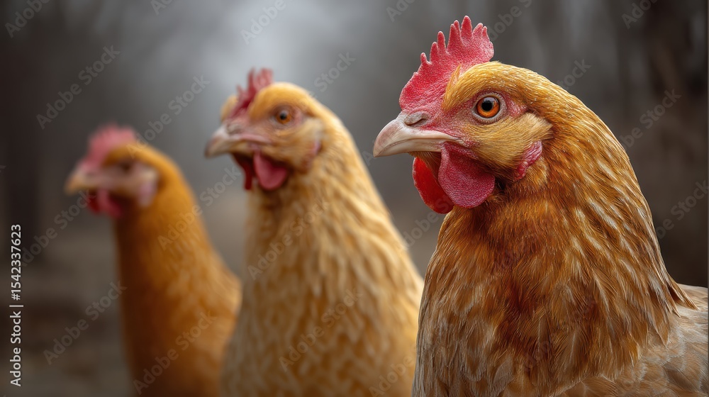 Fototapeta premium Three brown heritage chickens on white background